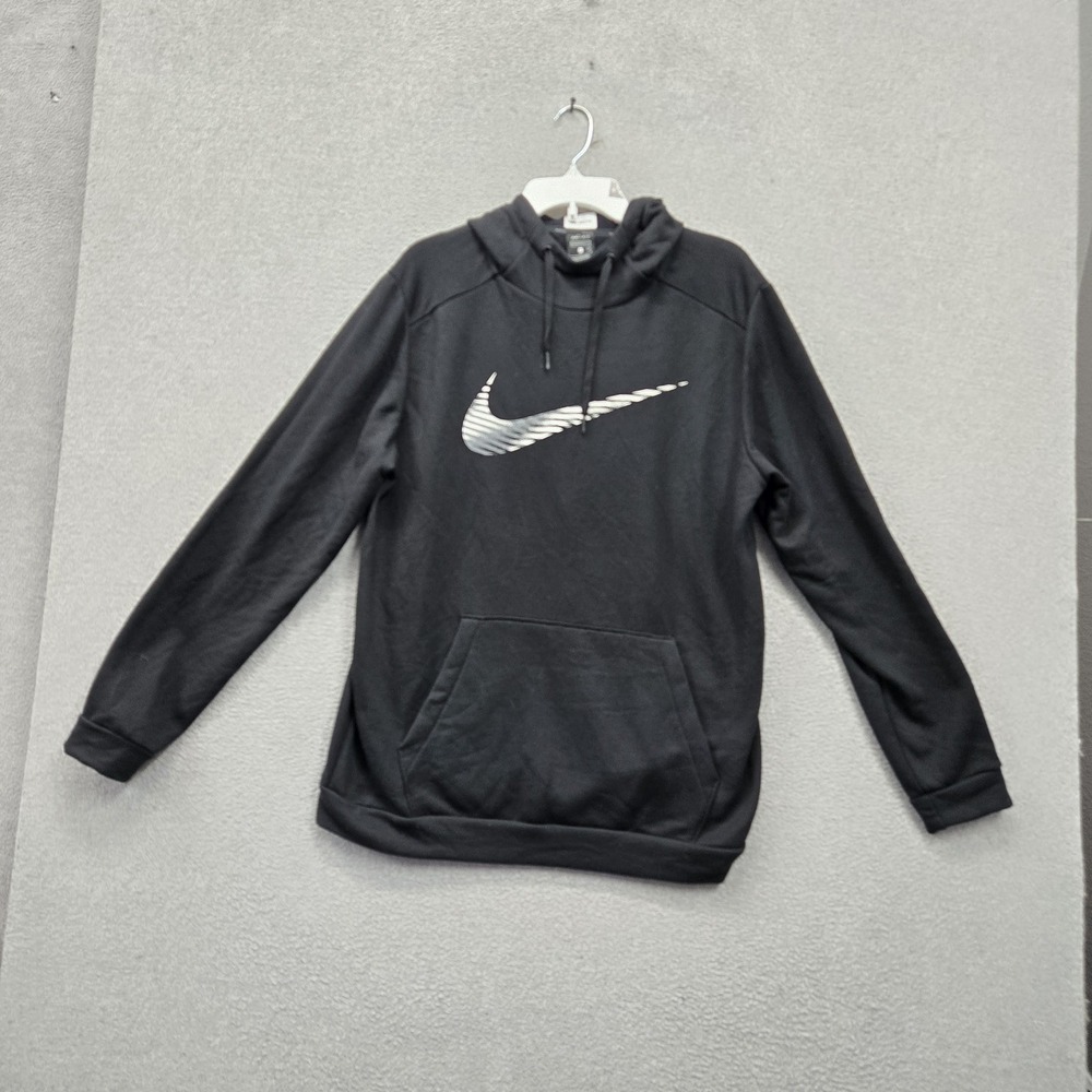 Nike Men Hoodie L Black Striped Big Swoosh Logo Dri Fit Fleece Pullover Pocket